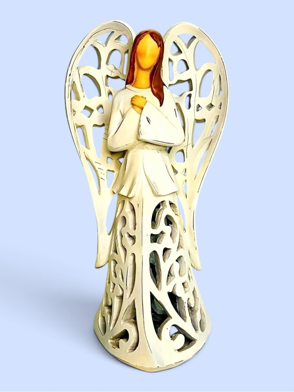 Vintage White Resin Angel Figurine Ornate Filigree Cutout Scroll Gown